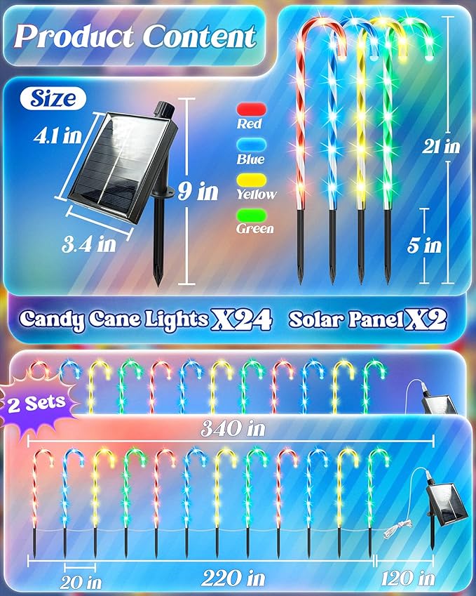 Anordsem Solar Christmas Decorations Outdoor: 21" Candy Cane Stake Lights 24 Pack - Waterproof LED 8 Colorful Lighting Models for Yard Pathway Xmas Tree Decor - 2026 New Year Gifts for Homeowners