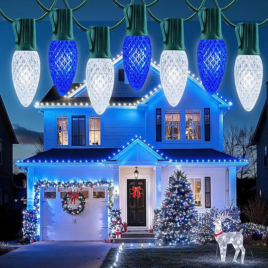 Minetom 100 Feet Led Christmas Lights,Blue White C9 Christmas String Lights Outdoor, 100 Strawberry Bulbs Connectable UL Certified for Indoor Outdoor Roofline Patio Holiday Party Backyard Xmas Decor