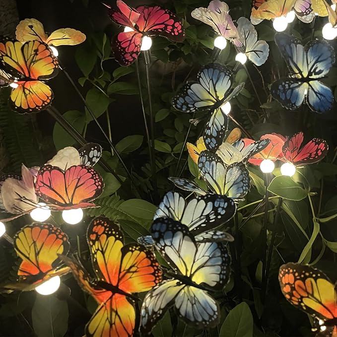 Solar Garden Lights Outdoor Waterproof 4 Pack Solar Power Firefly Butterfly Lights Swaying in The Wind 8 Modes 32LED Realistic Butterflies Gifts for Mom Grandma Yard Patio Pathway Decorations, Warm