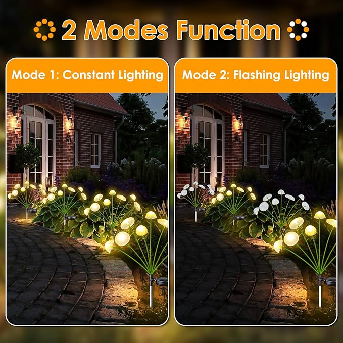 2PK 16LED Solar Garden Lights Outdoor, Mushroom Solar Lights Outdoor, IP65 Waterproof Firefly Light Outside Decor | Lumora