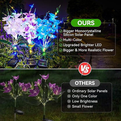 KOOPER Solar Lights Outdoor Garden, 3PCS Upgraded Phalaenopsis Solar Flower Lights Outdoor with 180 LEDs, Multi-Color Grave Decorations for Cemetery, Outdoor Solar Lights for Yard, Gifts for Women