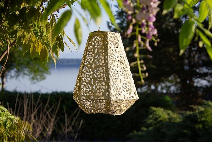 Allsop Soji Stella Prism Solar Lantern, 11" LED Outdoor Light, Handmade with Weather-Resistant UV Treated Fabric, Stainless Steel Hardware, Auto Sensor on/Off, for Patio, Deck, Garden