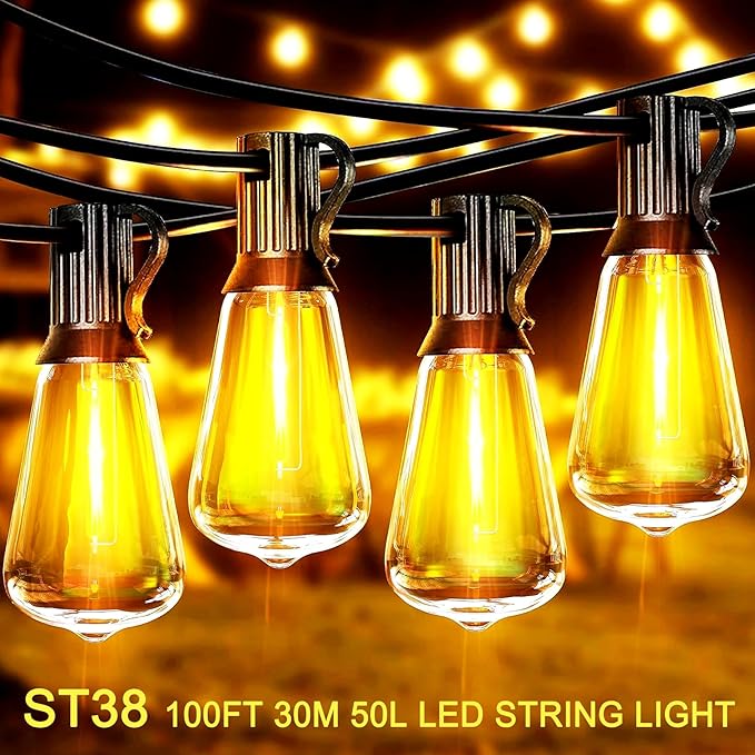 Outdoor LED String Lights with 100 Feet 52 Edison Plastic Bulbs(2 Spare), Waterproof Hanging Lights for Patio Backyard Porch Balcony Party Christmas Decoration