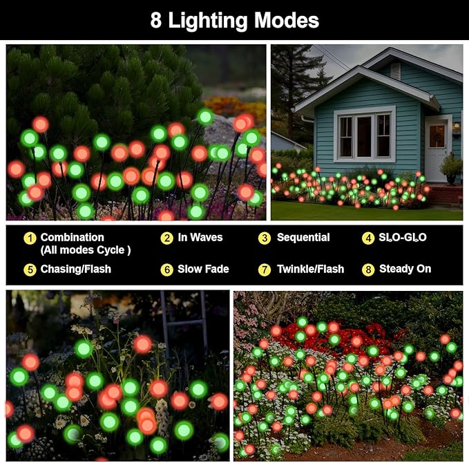 Swaying Solar Firefly Lights Outdoor, 8 Modes Red and Green Firefly Swaying Solar Garden Lights Waterproof for Outside Christmas Yard Patio Pathway Plant Landscape Garden Decor(R&G 4 Pack)