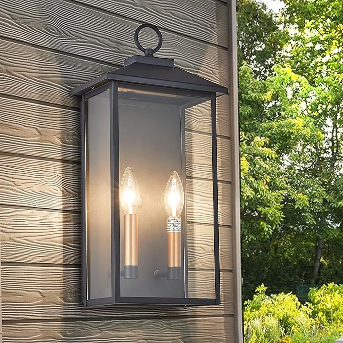 18 Inch Wall Light in Clear Glass and Textured Black and Golden Candle Cap Sleeve,Outdoor Lighting Wall | Lumora