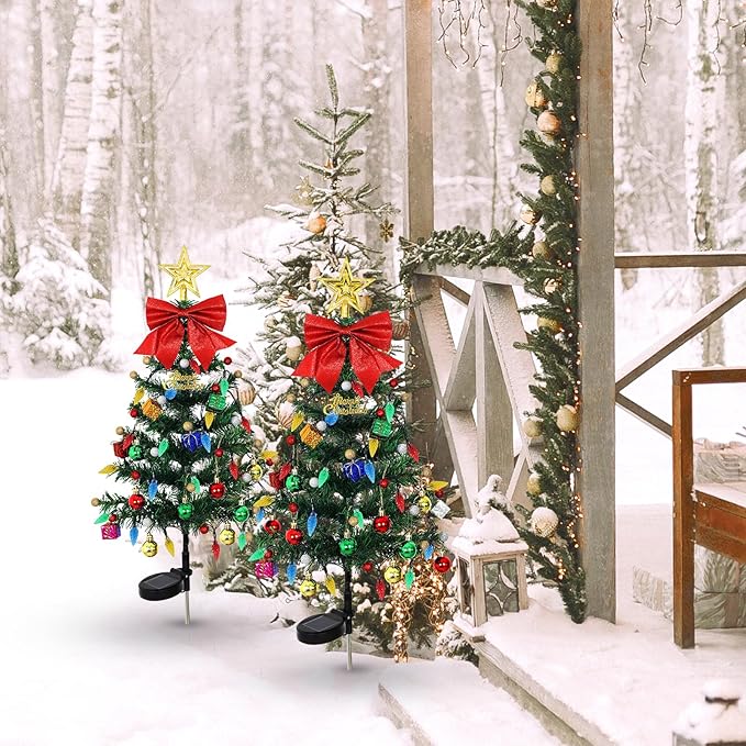 LOMOHOO 2 Packs Solar Christmas Tree 35.8in Outdoor Prelit Lighted Christmas Tree 2 Flashing Modes Solar Xmas Trees with 40 LED Lights for Holiday Porch Yard Garden Patio Cemetery Pathway