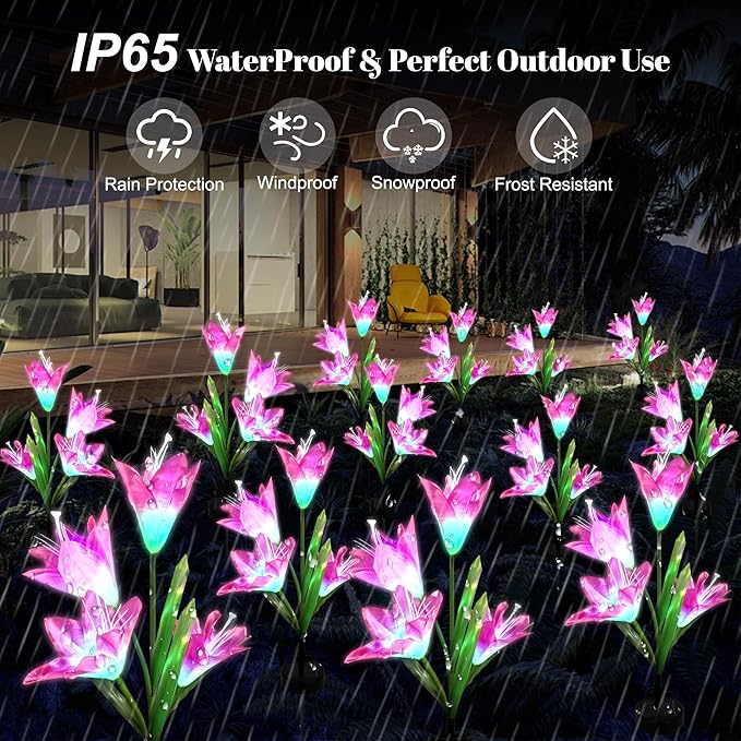 Solar Powered Lily Flower Lights Outdoor, Waterproof Color Changing Garden Lights with Large Solar Panel, 2 Pack for Patio, Yard, Pathway Decoration