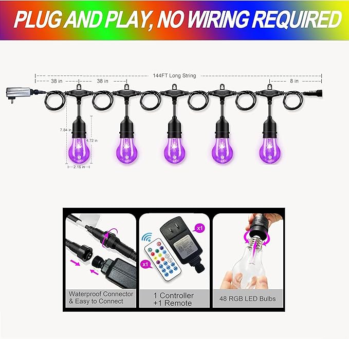 144FT Outdoor String Lights with 45 RGB Color Changing E26 Bulbs - Dimmable Shatterproof Edison Patio Lights for | Lumora