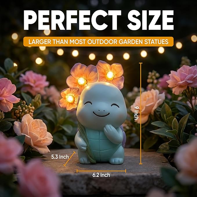 GLO-X Solar Turtle Garden Statue – Turtle Statue with Light-Up Flowers, Solar Powered Garden Decor Figurine for Outdoor Gardens, Lawn & Patio, Garden Gift for Mom & Grandma