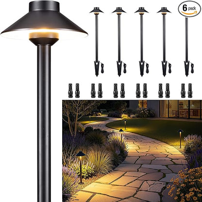 Gardenreet Brass Low Voltage Pathway Lights - 12V LED Landscape Path Lighting, Walkway Light Waterproof IP65, Hat Shaped Wired ‎Classic Black for Outdoor Entrance Garden G4 Bulb Not Included (6 Pack)