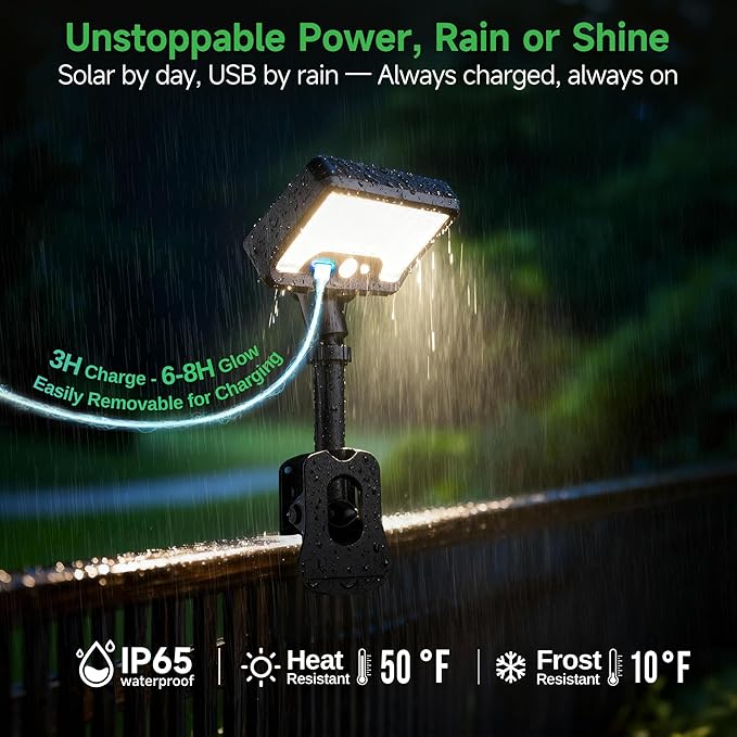 Clip-On Solar Motion Lights Outdoor with Remote, 600LM IP65 Waterproof, 1500mAH USB & Solar Powered for Fence, Camping, Porch - Black(1-Pack)