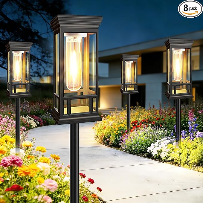 8 Pack Solar Pathway Lights Outdoor, Taller Bright Solar Path Lights Waterproof, Auto On/Off Solar Powered Garden Lights for Outside Landscape Path Yard Walkway Lawn Driveway Patio Lighting Decor