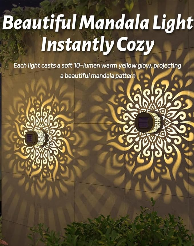 Decorative Solar Mandala Lights Outdoor, 3.34in Metal Solar Powered Outdoor Deck Step Wall Lights with Soft Warm Glow, Mandala Theme Fence Light for Garden Patio Backyard Decor (2Pcs)
