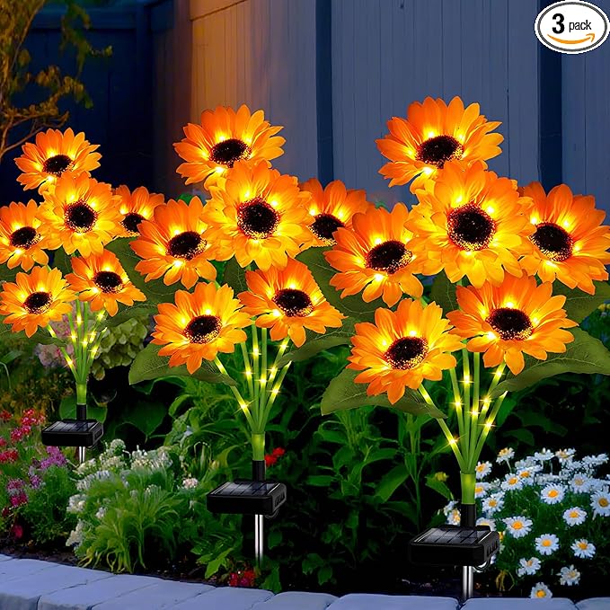 Solar Garden Lights Outdoor, 3 Pack Solar Sunflower Lights with 18 Head 3.4 Inch Flowers, Waterproof Flowers Light Fall Thanksgiving Decorations for Garden Yard Patio Backyard, Gifts for Mom Women