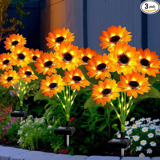 Solar Garden Lights Outdoor, 3 Pack Solar Sunflower Lights with 18 Head 3.4 Inch Flowers, Waterproof Flowers Light Fall Thanksgiving Decorations for Garden Yard Patio Backyard, Gifts for Mom Women
