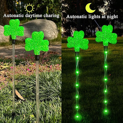 Shamrock Solar Lights for St Patrick's Day Decorations - Outdoor Waterproof 6Pack 48LED Green Garden Stake Light 8 Modes Lucky Clover for Yard, Pathway Decor