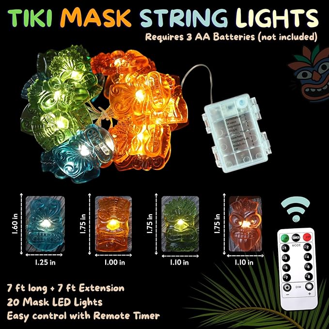 Tiki Mask String Lights Outdoor Waterproof 7FT 20PCS, Tropical Hawaiian Luau Party Lights Battery Operated LED with | Lumora