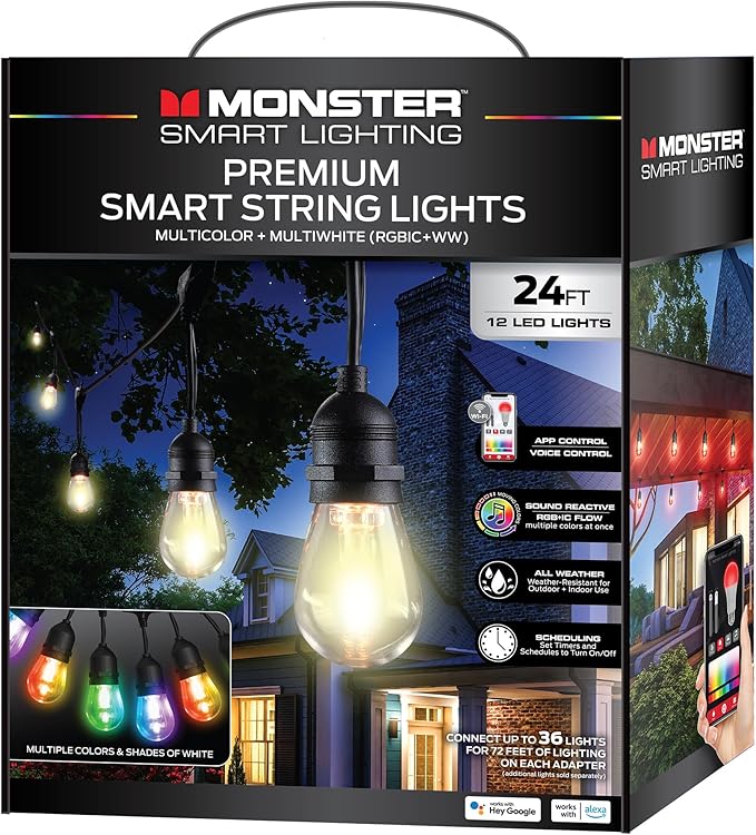 Monster 24 Foot Premium Outdoor Smart RGB+IC+WW String Lights, 12 Bulb Color Flow Dimmable LEDs, Sound Reactive, Water & Weather Resistant, Compatible with Alexa, Siri, Google Home, App
