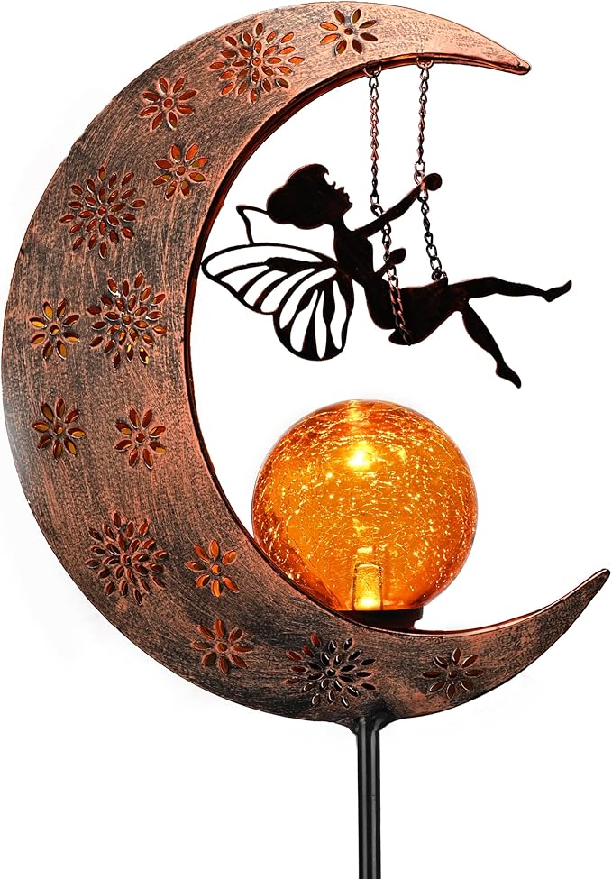 TERESA'S COLLECTIONS Solar Lights Outdoor for Garden Decor, 39" Metal Moon Fairy Pathway Light Garden Statues with Crackle Glass for Patio Decor Lawn Ornaments Yard Art for Outside, Gifts for Mom