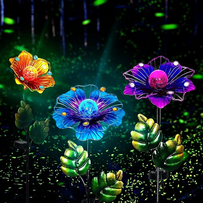 Adeco Flower Solar Lights Outdoor Garden Decor 35 inch Metal Garden Stake Lights with Crackle Globe Glass and Large Solar Panel Waterproof for Ground Patio Lawn Courtyard Flowerbed