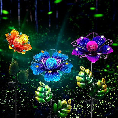 Adeco Flower Solar Lights Outdoor Garden Decor 35 inch Metal Garden Stake Lights with Crackle Globe Glass and Large Solar Panel Waterproof for Ground Patio Lawn Courtyard Flowerbed