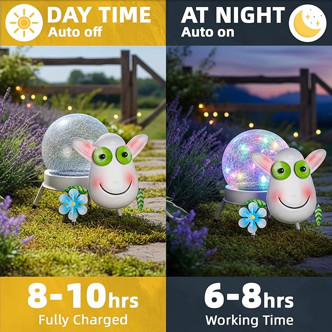 Solar Lights Outdoor Sheep Decor with Crackle Glass Globe Lights - Cute Metal Sheep Decor for Yard Lawn Patio Porch Pathway Tabletop, Housewarming Gifts for Mom Women
