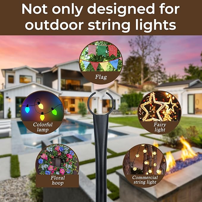 10 Ft String Light Poles for Outside, 4 Pack Heavy-Duty Metal Poles for Outdoor Hanging Lights with Fence Brackets | Lumora