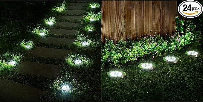 SOLPEX 24 Pack Solar Ground Lights, 8 LED Solar Powered Disk Lights Outdoor Waterproof Garden Landscape Lighting for Yard Deck Lawn Patio Pathway Walkway (White)