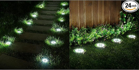 SOLPEX 24 Pack Solar Ground Lights, 8 LED Solar Powered Disk Lights Outdoor Waterproof Garden Landscape Lighting for Yard Deck Lawn Patio Pathway Walkway (White)