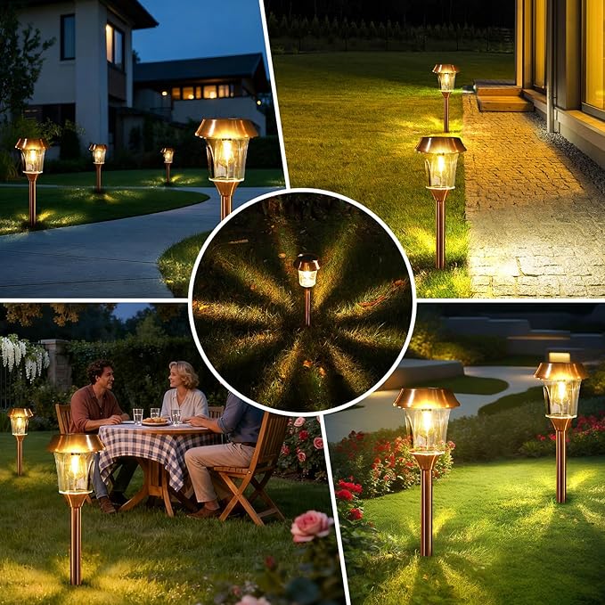 Solar Garden Lights Outdoor Waterproof, Stainless Steel & Glass Path Lamps, 12-25 LM Dimmable Dusk to Dawn Solar Powered LED Lighting, IP65 Outside Decor for Poolside, Driveway, Backyard, 4 Pack