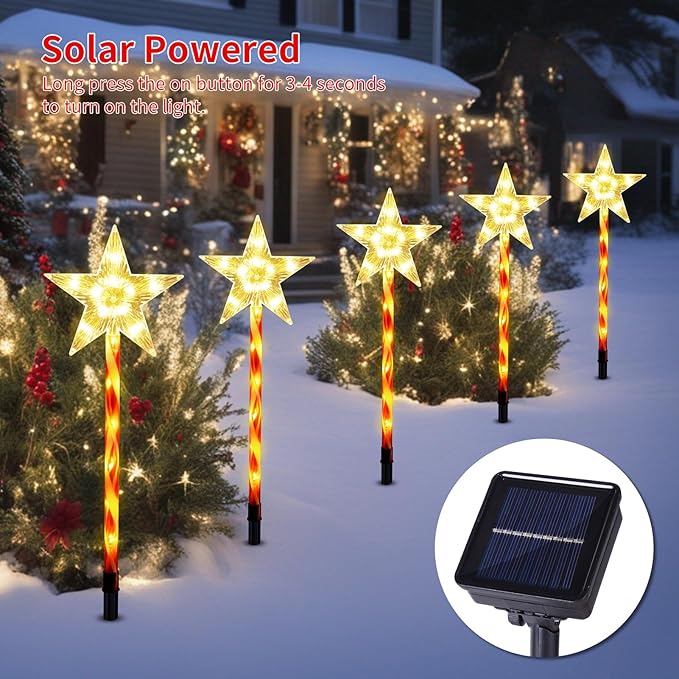 BRIGHTDECK Christmas Solar Pathway Lights Outdoor Decorations, Modes Star Candy Lights Waterproof Led Garden Stake Light for Walkway Yard Lawn Porch Holiday Decor 5-Pack (Red Tube Star, 5 Pack)