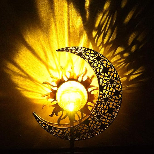 Solar Christmas Gifts Garden Statues Outdoor Decor, Moon Sun Figurine Light Stake, Housewarming Ornament for Patio, Lawn, Yard, Pathway - Unique Gift Ideas for Gardening Mom Grandma