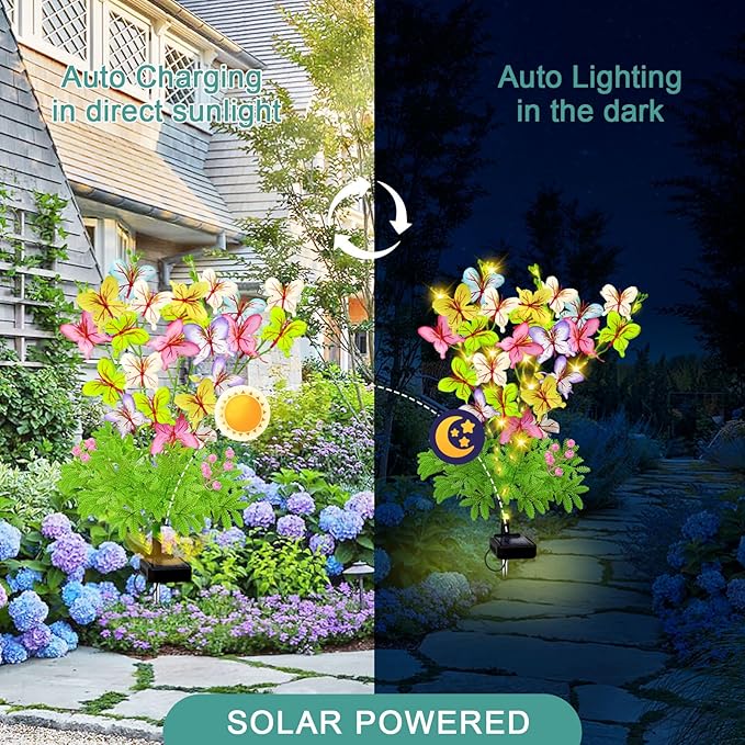 Butterfly Solar Garden Lights Outdoor, 2 Pack Solar Flower Garden Decor, Waterproof Decorative Lights for Outside | Lumora
