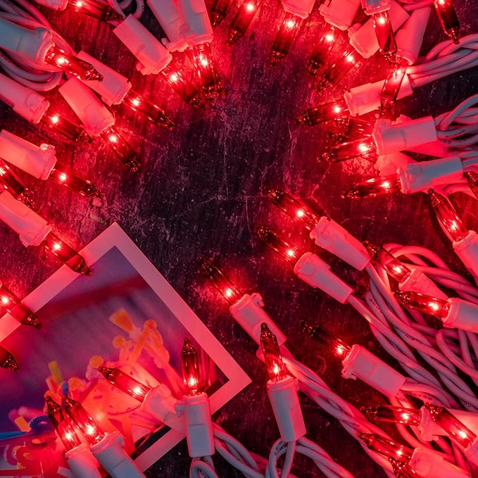 YULETIME 200 Red Christmas Lights, Pack of 2 Sets 33 Feet 100 Count UL Certified Incandescent String Lights (Red - White Wire)