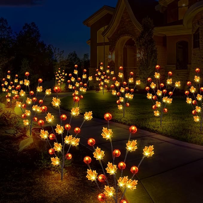 Fall Decor Solar Garden Lights Outdoor for Thanksgiving Decorations,4PACK 80LED Pumpkin Maple Leaf Tree with Friendsgiving Gifts,Solar Fall Decor Lights for Home/Garland/Thanksgiving Day