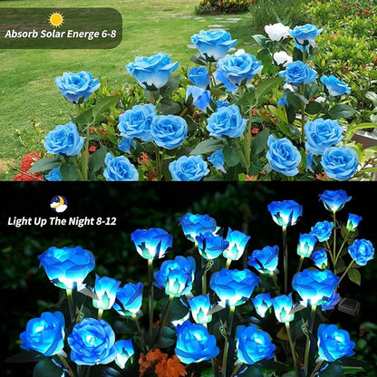 Solar Garden Flower Lights Outdoor with More Realistic 10 Rose Waterproof for Outside Patio Yard Pathway Decorations, 2 Pack Blue