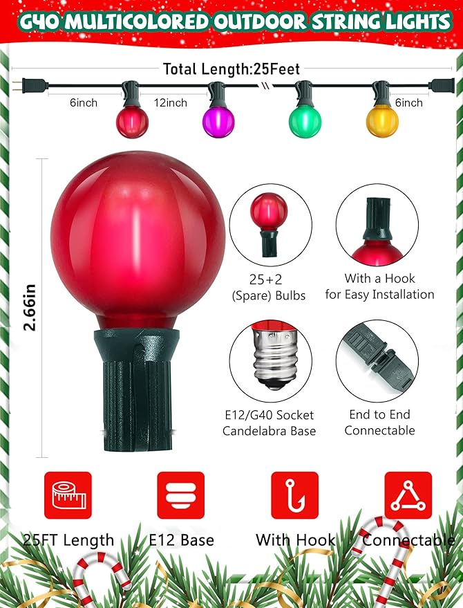 25Ft LED Christmas Outdoor String Lights, G40 Globe Lights with 27 0.6W Multicolor Bulbs, Vintage Christmas Lights for Holiday Party Backyard Wedding Garden Patio Porch Decor, Green Wire