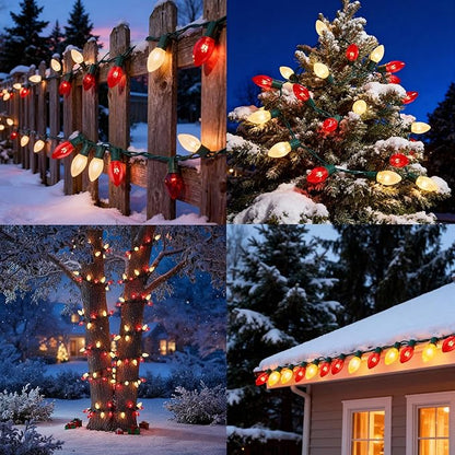 25FT C9 Christmas Outdoor Lights,Red and Frosted White Christmas Lights with 26 Bulbs(1 Spare),Commercial Vintage Red White String Light for Tree Yard Garden Porch Party