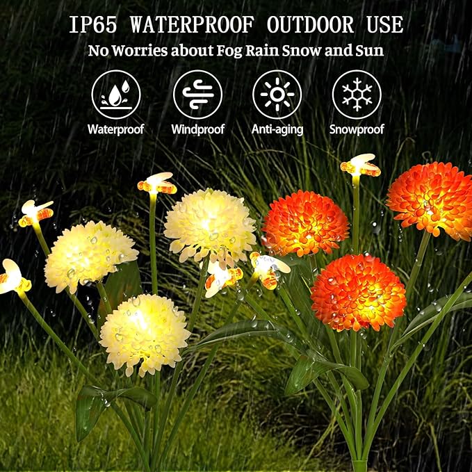 Solar Garden Lights Outdoor Waterproof 4 Packs Solar Swaying Bee Lights with Fake Flowers Fairy Lights Outdoor Patio Yard Pathway Decoration Ideal Gifts for Women Mother's Day
