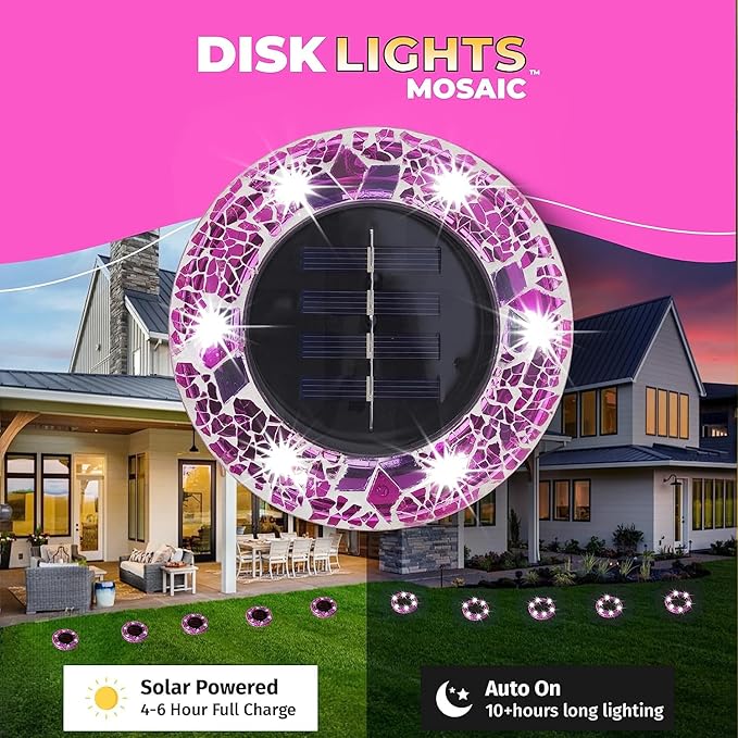 Mosaic Solar Pathway Lights - 8PK Waterproof Outdoor Solar Landscape Lights for Yard, Driveway & Walkway - Pink