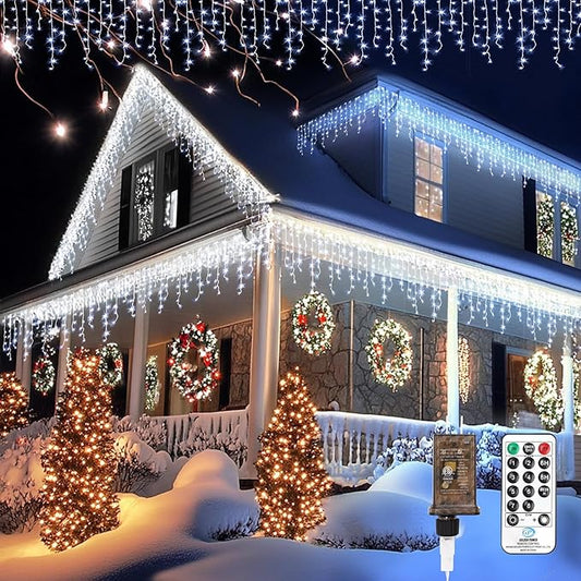 Icicle LED Christmas Lights Outdoor, 624 LED 59FT 8 Modes with 96 Drops Cool White Icicle Lights,Outdoor Indoor Fairy String Lights for Christmas Party,Holiday,Wedding Decorations
