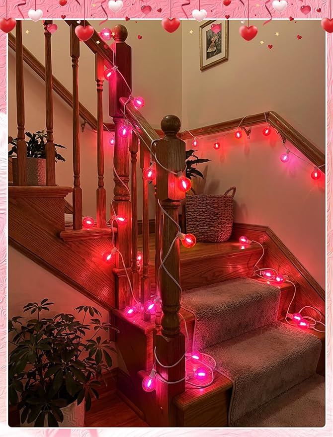 G40 LED Valentine’s Day String Lights, 50Ft Valentines Decorations Lights Outdoor with Clear Red Pink Round Bulbs, Hanging Patio Lights Shatterproof for Indoor Home Decor Wedding Party, White Wire