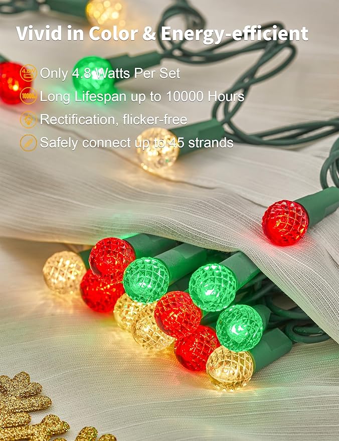 BOHON Christmas Lights 17FT 50 LED Faceted G15 Red White and Green String Lights Outdoor Plug in Commercial Lighting Grade Tree Decorations for Indoor Xmas Decor, Green Wire, Waterproof