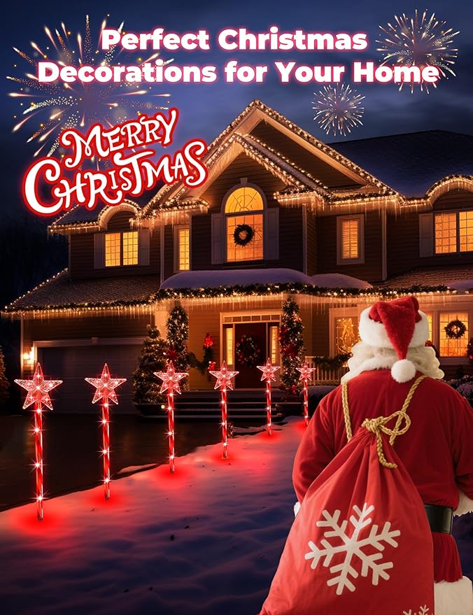 Solar Christmas Lights Outdoor 8 Pack, 2200mAh Solar Xmas Decorations Star Light, 8 Lighting Modes IP65 Waterproof Christmas Pathway Lights Outside for Garden, Yard, Street, Park, Holiday (RED)