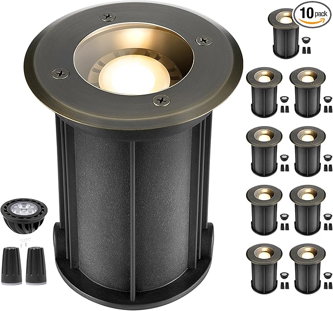 Gardenreet LED Well Lights Brass - In-Ground All Weather Replaceable Bulb Low Voltage Lighting, 12V Wired Light, Antique Bronze for Pathway Outdoor Lawn with 2700K Warm White MR16 Bulb