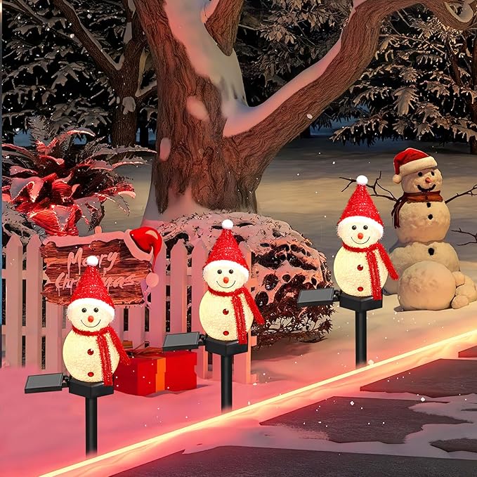 TOCHGREEN 3 Pack Solar Christmas Snowman Lights - Outdoor Waterproof Pathway Stake Lights, Solar Powered Decorations for Christmas Yard Path Patio Garden Porch Lawn Decor (Red)
