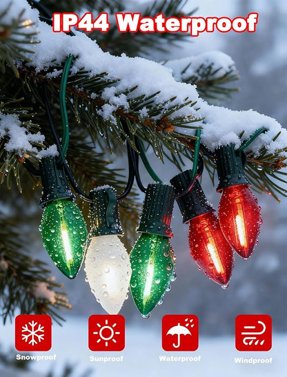 25FT Red Green White Christmas Lights,Multicolor LED C7 Christmas String Lights with 27 LED Bulbs,Dimmable Hanging Lights Candle for Outside Porch Garden Roofline Party Decor