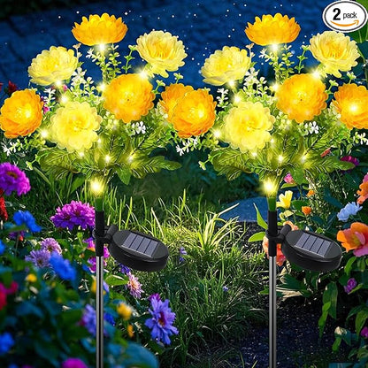 2 Pack Solar Flower Lights Outdoor - 14 Blooming Waterproof Snow Lotus Garden Lights for Patio, Yard, Pathway, and Landscape Decoration - Auto On/Off, IP65