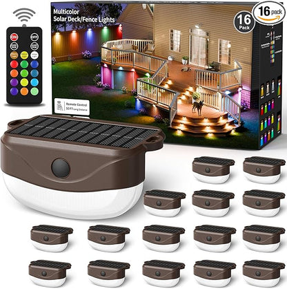 Solar Fence Lights with Remote Control 50ft,15 Multi Colors Solar Powered Outdoor Step Lighting,IP67 Waterproof Led RGBYW Colors Lamp for Outside Fence/Deck/Backyard/Stair Railing/Wall/Patio/Pool