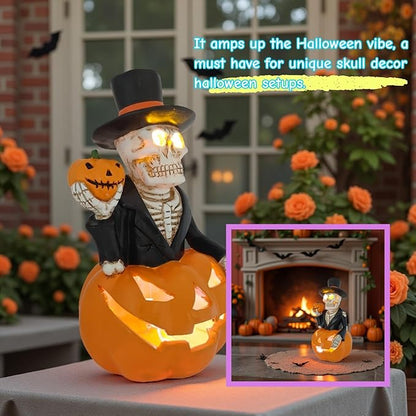 Halloween Decorations Solar Spooky Lights Outdoor Skull Pumpkin Figurine Light Garden Statue for Outside Patio Front Porch Yard, Led Fall Decor Jack-O-Lantern Home Decor Gifts (Orange-White Skull)